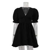 LIZAKOSHT  -  Deep V-neck Puff Sleeve Mini Dress Women Sexy High Waist Patchwork Button Fashion Slim Black A-line Club Party Dress